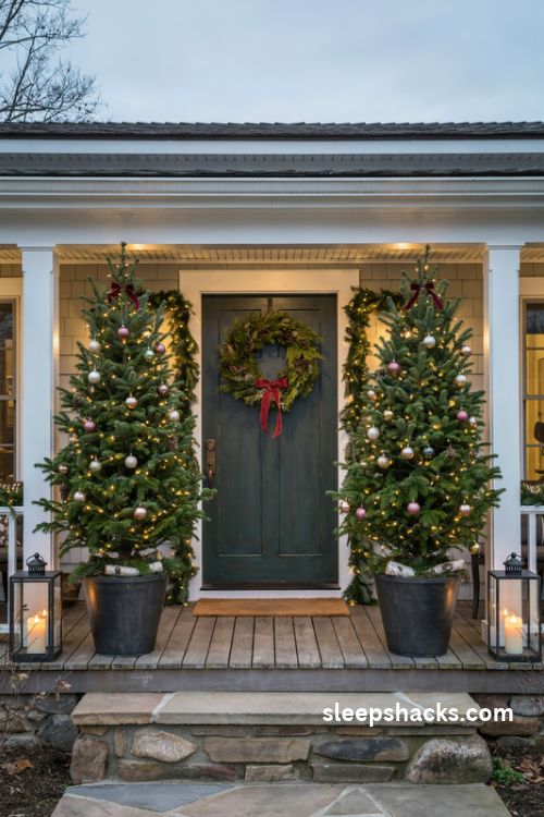 Christmas porch ideas with matching potted evergreen trees warm white lights and rustic planters