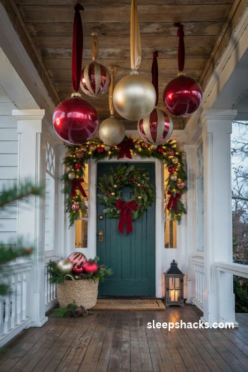 Christmas porch ideas with oversized red and gold ornaments hanging from rustic beams