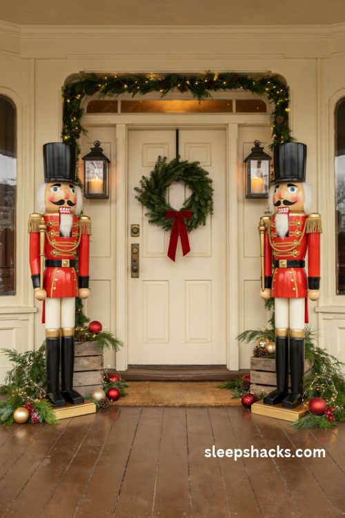 Christmas porch ideas with red and gold wooden nutcracker guards beside the front door
