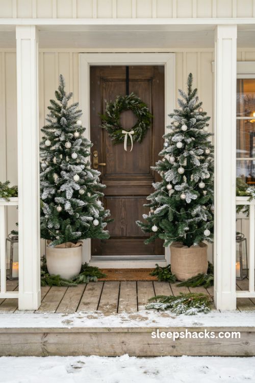 Christmas porch ideas with snowy flocked trees in cream planters and elegant silver ornaments