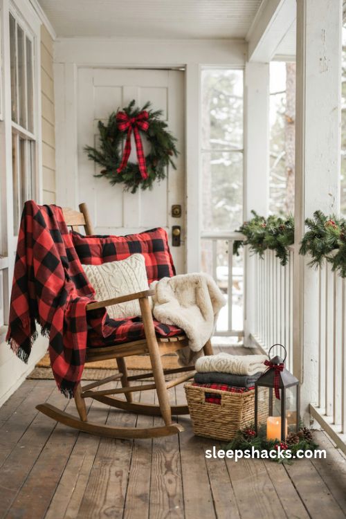 Christmas porch lantern ideas with glowing flameless candles rustic metal lanterns and evergreen greenery