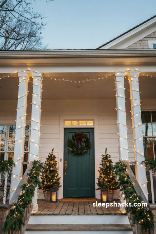 Christmas porch lighting ideas with warm white string lights on posts beams and stair railings