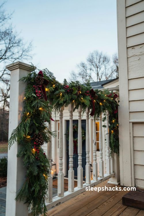 Christmas porch railing garland ideas with lush evergreen swags red velvet bows and warm white lights
