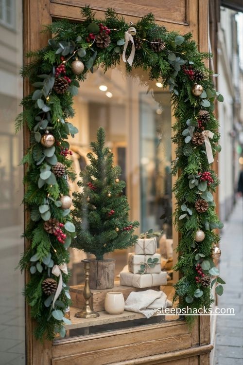 Christmas retail window display framed with lush cedar pine and eucalyptus garland and warm lights