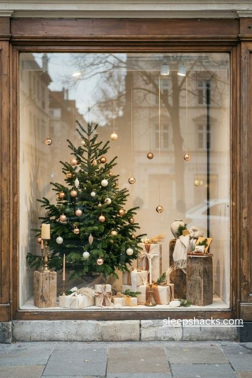 Christmas retail window display ideas with a coordinated ivory and gold color palette