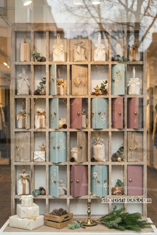 Christmas retail window display with a giant wooden advent calendar and miniature holiday gift boxes
