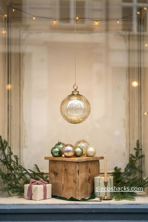 Christmas retail window display with a single hero product and elegant holiday greenery