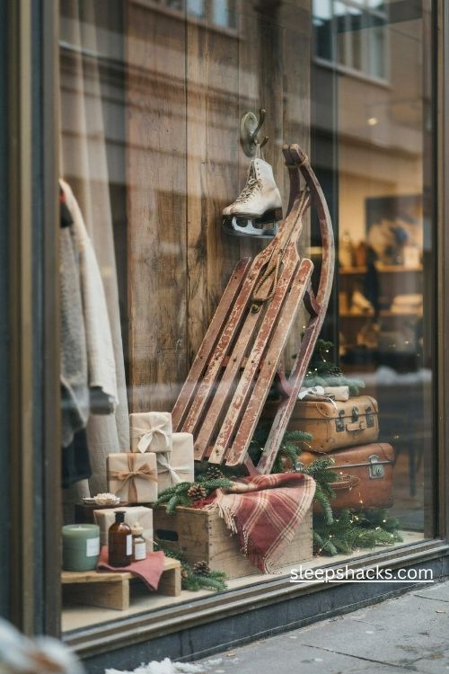 Christmas retail window display with a vintage wooden sled white ice skates and rustic winter props