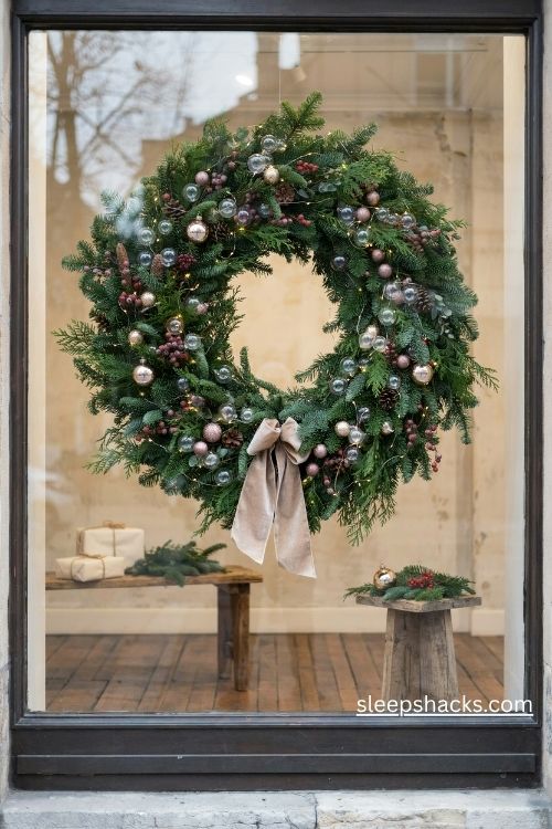 Christmas retail window display with an oversized evergreen wreath and a large velvet ribbon