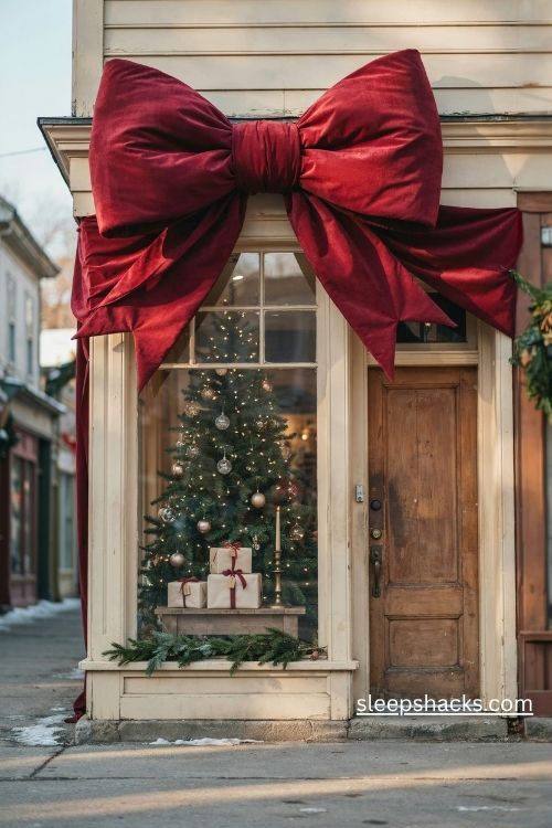 Christmas retail window display with an oversized velvet ribbon bow framing the storefront