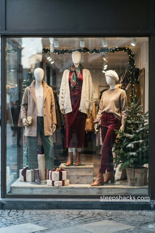 Christmas retail window display with festive mannequins in velvet dresses and cozy winter outfits