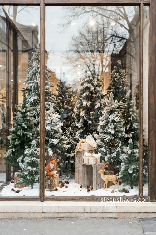 Christmas retail window display with flocked snowy trees and a rustic winter woodland scene