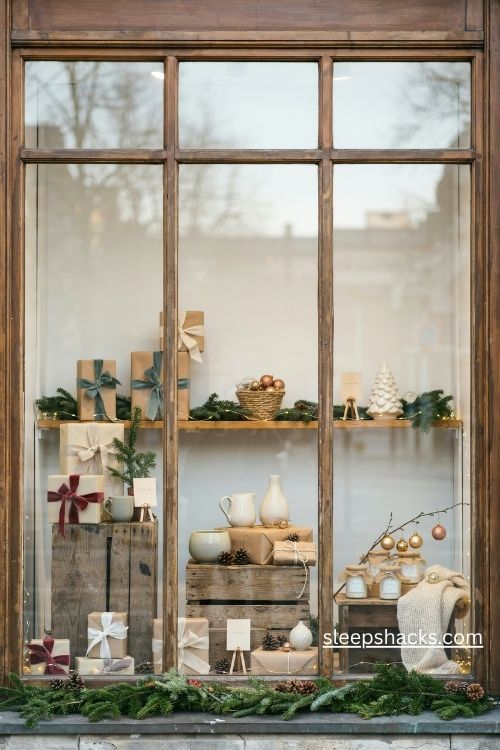 Christmas retail window display with organized holiday gift sets and rustic wooden product stands