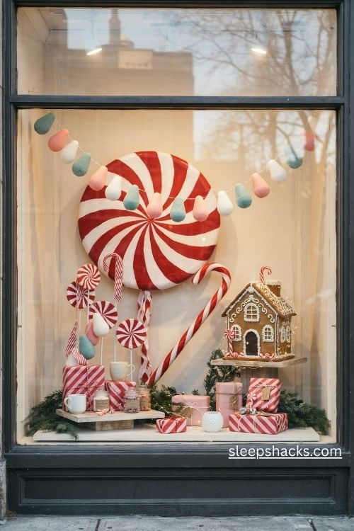 Christmas retail window display with oversized peppermint swirls candy canes and a gingerbread house