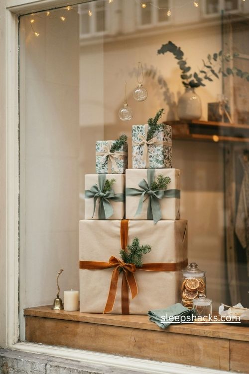 Christmas retail window display with oversized wrapped gift boxes stacked in a festive pyramid