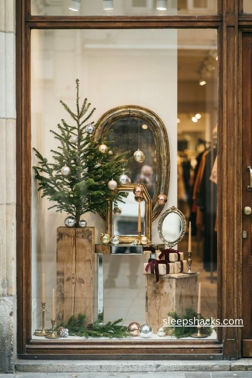 Christmas retail window display with vintage mirrors silver ornaments and elegant gold accents