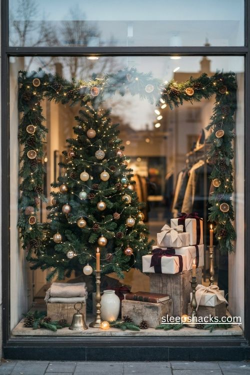 Christmas retail window display with warm white lighting and glowing holiday merchandise