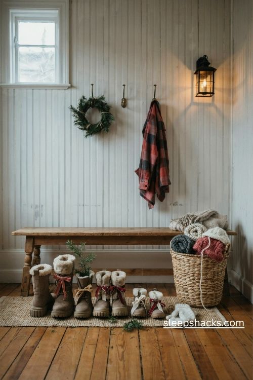 Christmas snow boots lined up by the door with faux fur pine sprigs and cozy winter accessories in a farmhouse mudroom