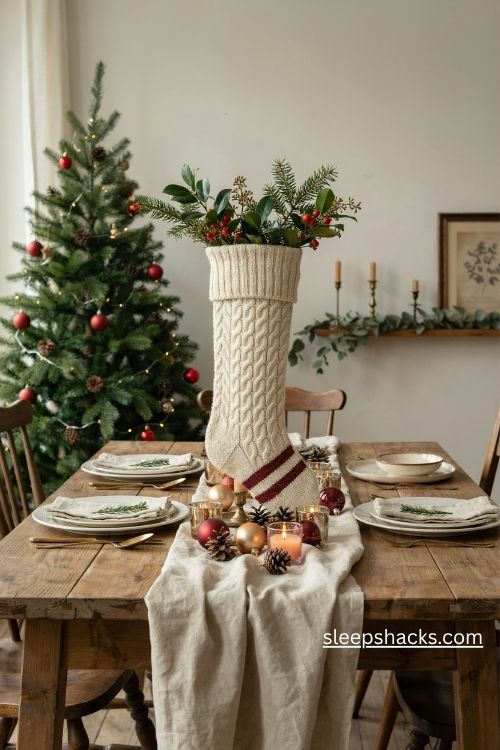 Christmas sock centerpiece with fresh pine greenery holly berries and rustic table decor