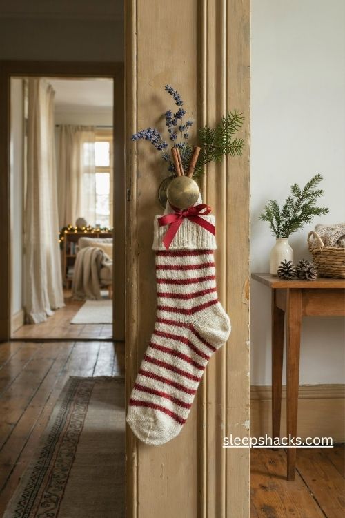 Christmas sock doorknob hanger with cinnamon sticks lavender and festive greenery
