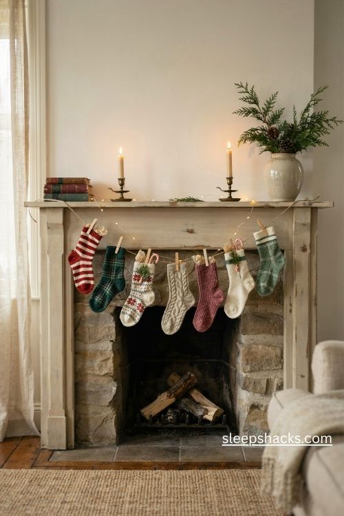 Christmas sock garland across a rustic mantel with mismatched knitted stockings
