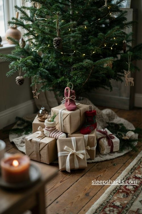 Christmas sock gift toppers with baby socks candy canes and rustic kraft paper wrapping