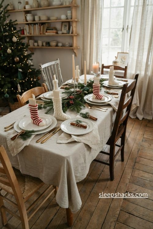 Christmas sock place card holders with mini knitted stockings on a cozy holiday table