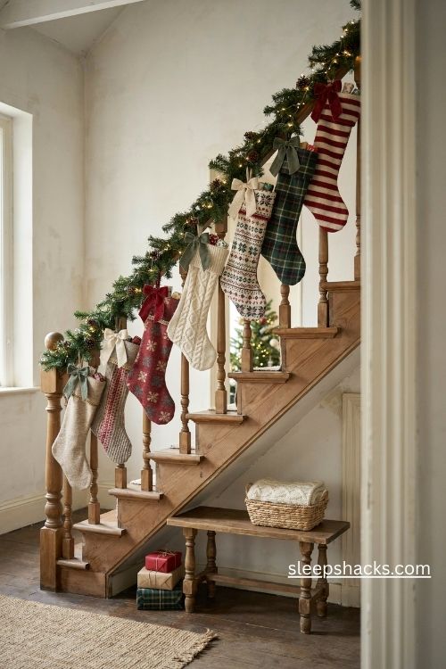 Christmas sock stockings on a wooden staircase banister with ribbon bows and evergreen garland