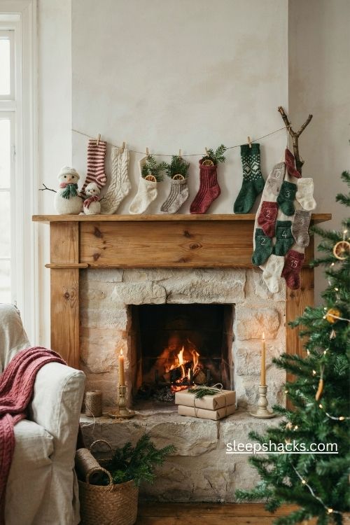 Christmas socks decoration ideas for a cozy budget friendly handmade holiday mantel