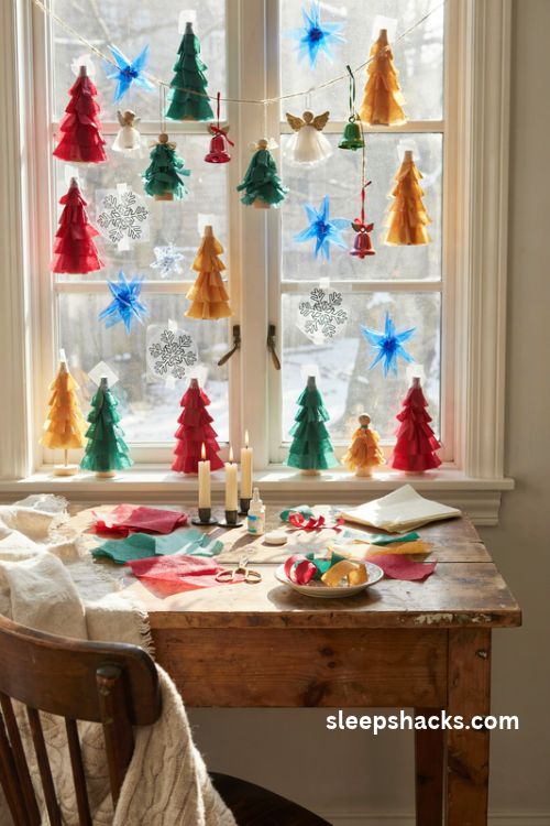 Christmas stained glass ideas with colorful handmade tissue paper suncatchers glowing in a cozy vintage holiday window