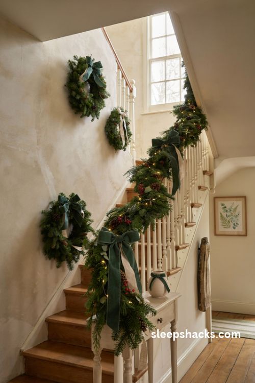Christmas stair banister garland with oversized forest green velvet bows flowing ribbon tails warm lights and natural oak details