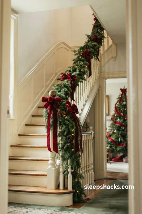 Christmas staircase banister decorated with oversized deep red velvet bows and lush evergreen garland