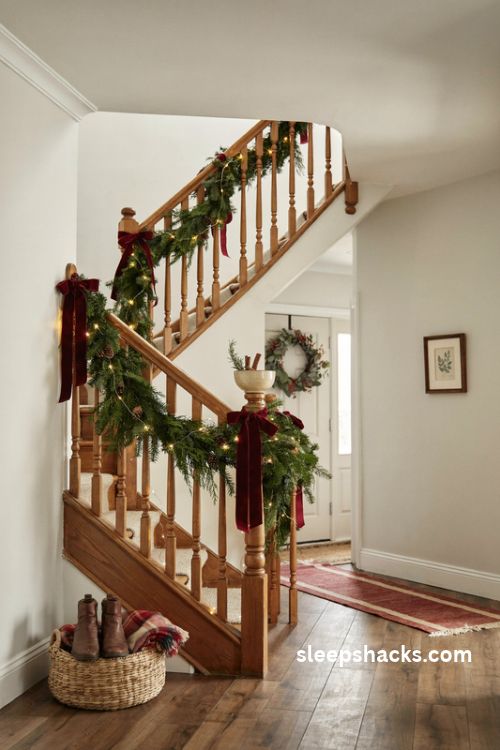 Christmas staircase banister garland with cranberry velvet ribbon bows warm white lights and lush evergreen greenery