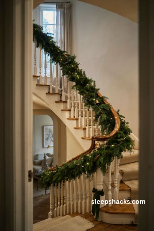 Christmas staircase banister with evergreen garland and warm white fairy lights glowing at dusk