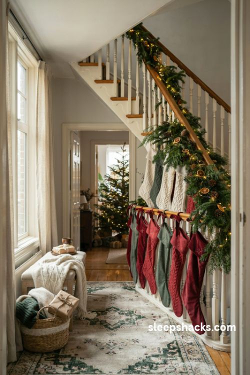 Christmas staircase banister with family stockings velvet ribbons and lush evergreen garland