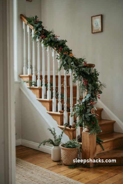 Christmas staircase banister with mixed eucalyptus pine cedar and rosemary greenery garland