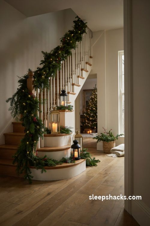 Christmas staircase with glowing brass and black lanterns flameless candles and evergreen garland
