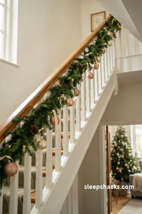 Christmas staircase with gold and ivory ornaments hanging from white spindles beneath an evergreen garland