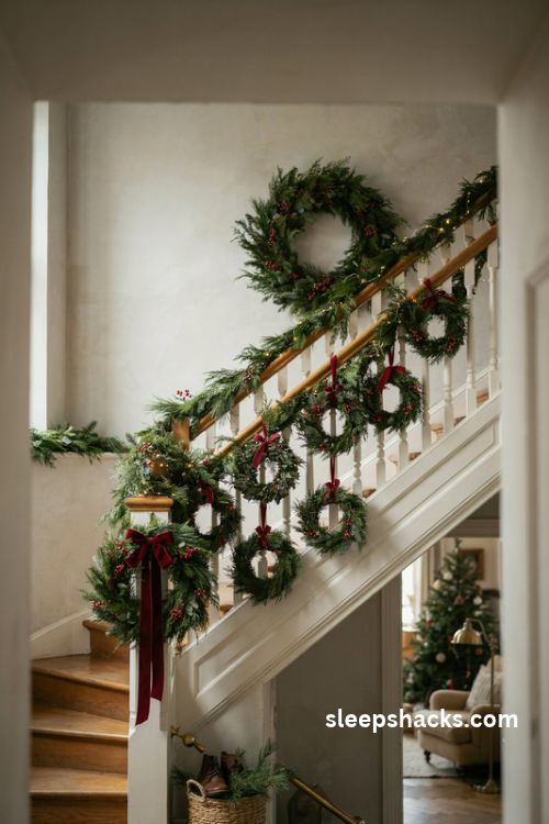 Christmas staircase with small evergreen wreaths red ribbon bows and a statement newel post wreath