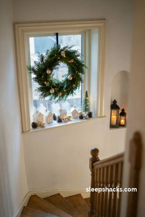 Christmas stairwell landing window display with a glowing evergreen wreath miniature tree ceramic houses pinecones and warm lantern candles