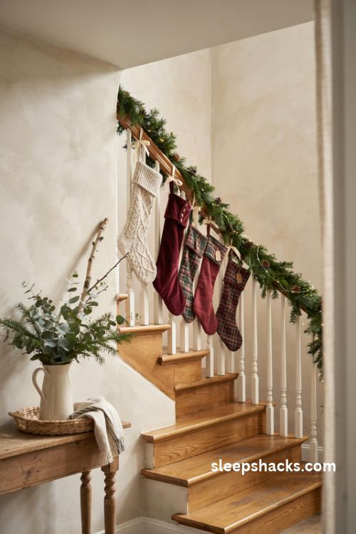 Christmas stockings hanging along an evergreen staircase banister with cream knit red velvet and plaid fabrics warm lights and oak steps