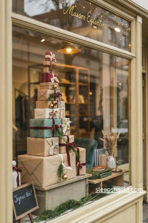 Christmas storefront gift box tower with coordinated wrapping paper velvet ribbons and evergreen sprigs