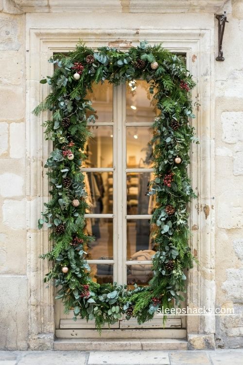 Christmas storefront window framed with cedar pine and eucalyptus garland berries pinecones and warm lights
