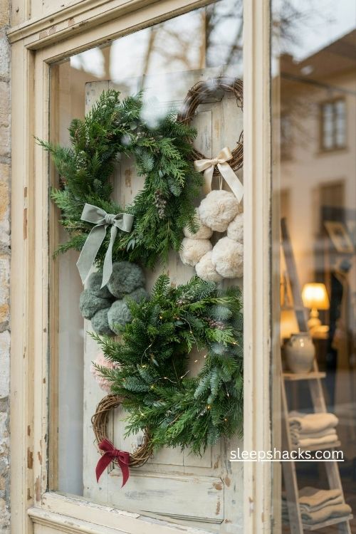 Christmas storefront wreath wall with evergreen grapevine and pom pom wreaths in matching ribbons