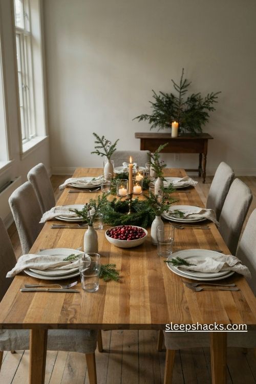 Christmas table setup with a low cranberry centerpiece evergreen wreath and elegant candle holders