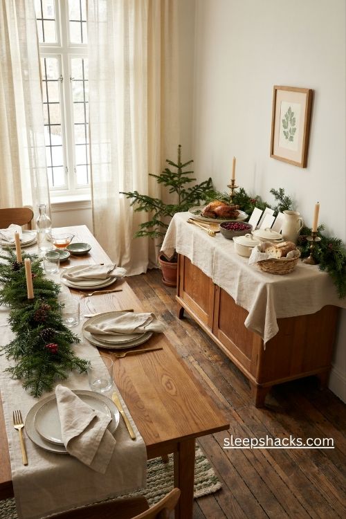 Christmas table setup with a separate serving station evergreen garland and cozy farmhouse dining decor
