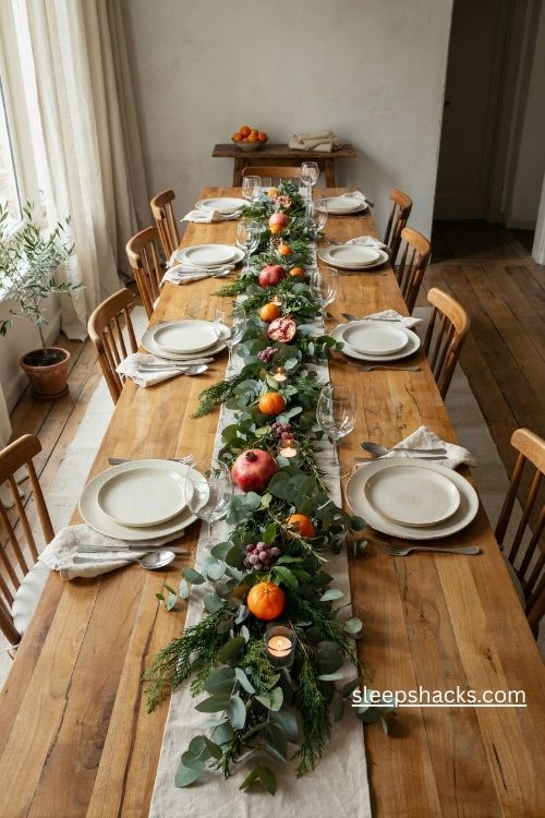 Christmas table setup with eucalyptus garland runner pomegranates clementines and glowing tealights