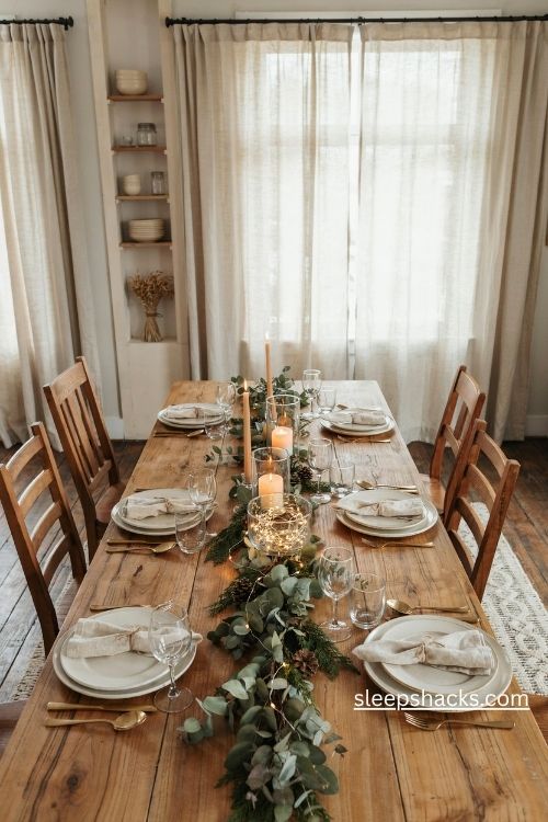 Christmas table setup with flameless LED candles glass holders and warm twinkling garland lights