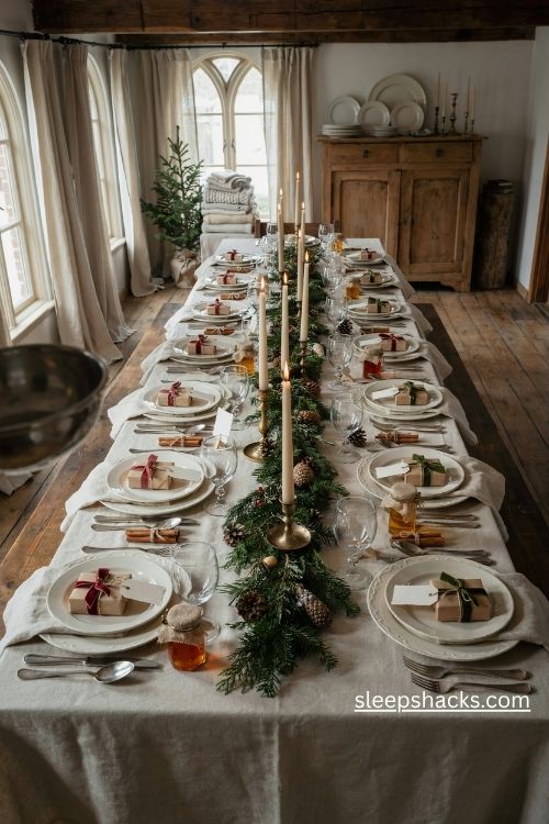 Christmas table setup with thoughtful place setting gifts kraft tags cinnamon bundles and handmade keepsakes