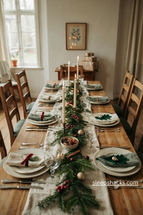 Christmas table setup with velvet ribbon napkins pine sprigs and charming festive place settings